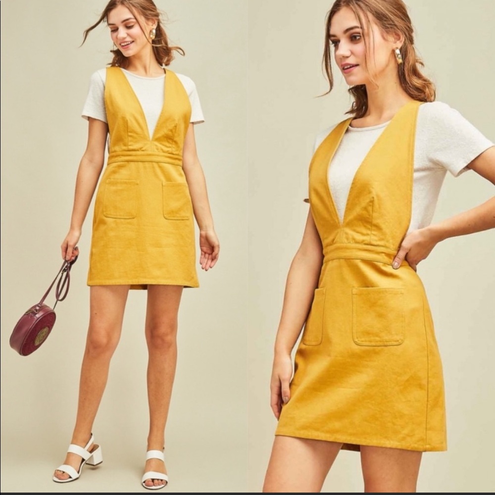 entro | Lisbeth Mustard Yellow Pinafore Dress Retro Overall 60s Style Pockets